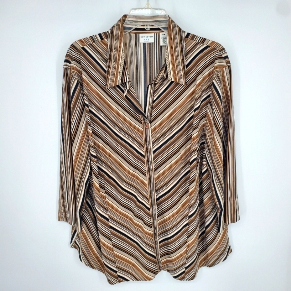 Covington Button Down Blouse Size 22W Womens Brown Blue White Striped Shirt